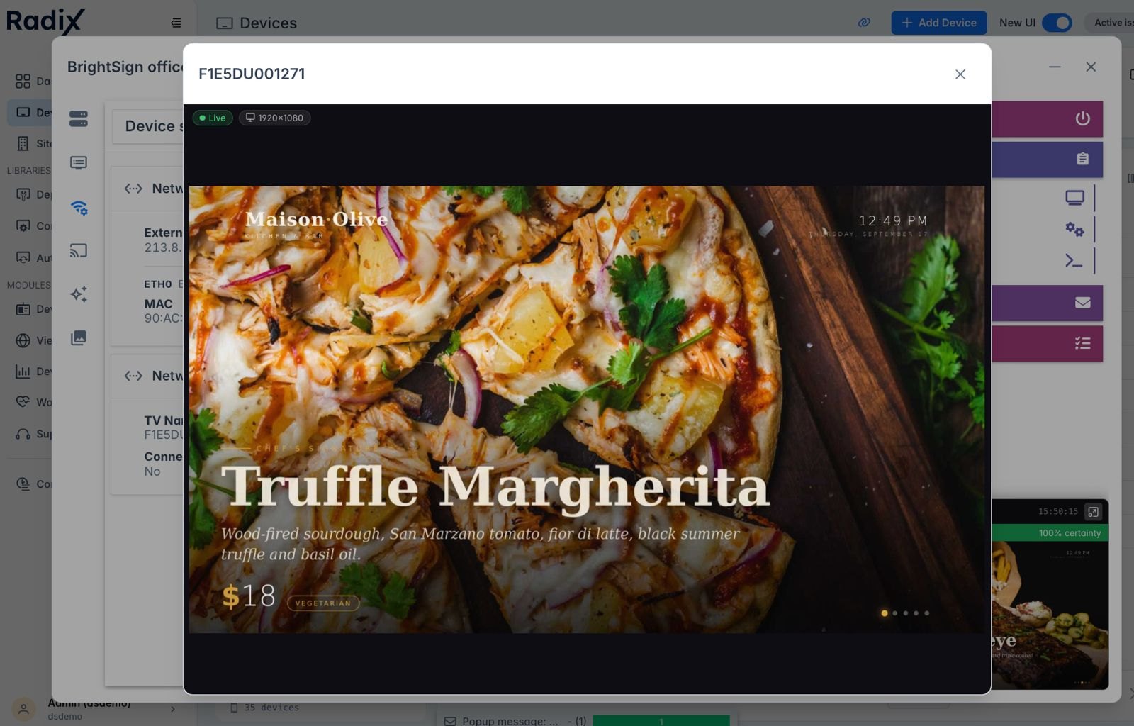 Live screen preview from a signage player showing the content currently on screen